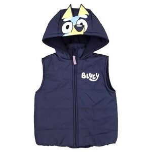 Bluey Kids Puffer‎ Vest Hooded Character Face Size 6 Fleece Lining Blue Outdoor